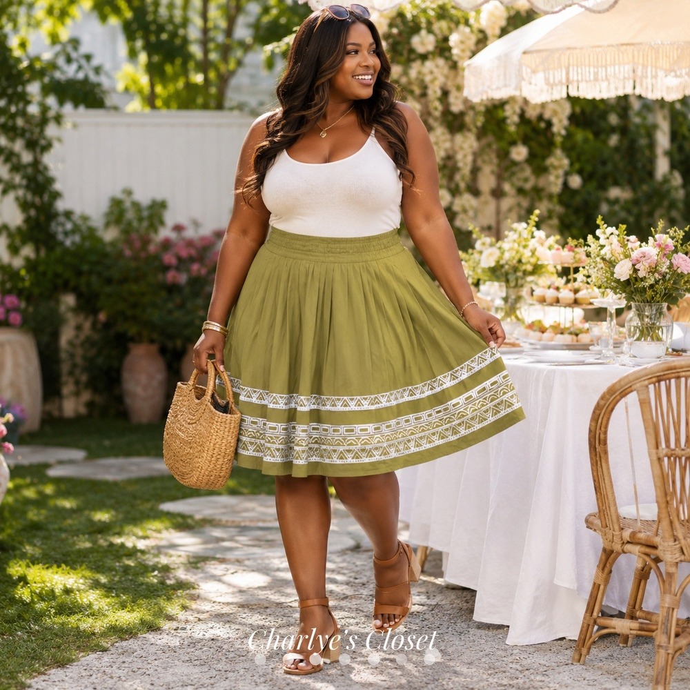 Ashley Stewart A-Line Skirt 18 Matcha Green Printed Garden Party Boho Summer